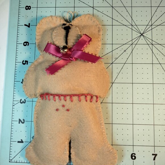 Felt Teddy Bear Ornament Ribbon Bell Handmade - Picture 3 of 3